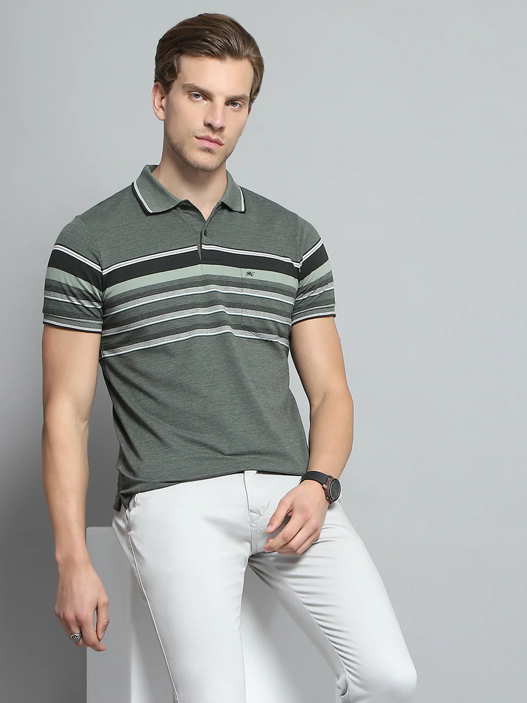 Men Olive Stripe Collar Half Sleeve T-Shirt - Image 6