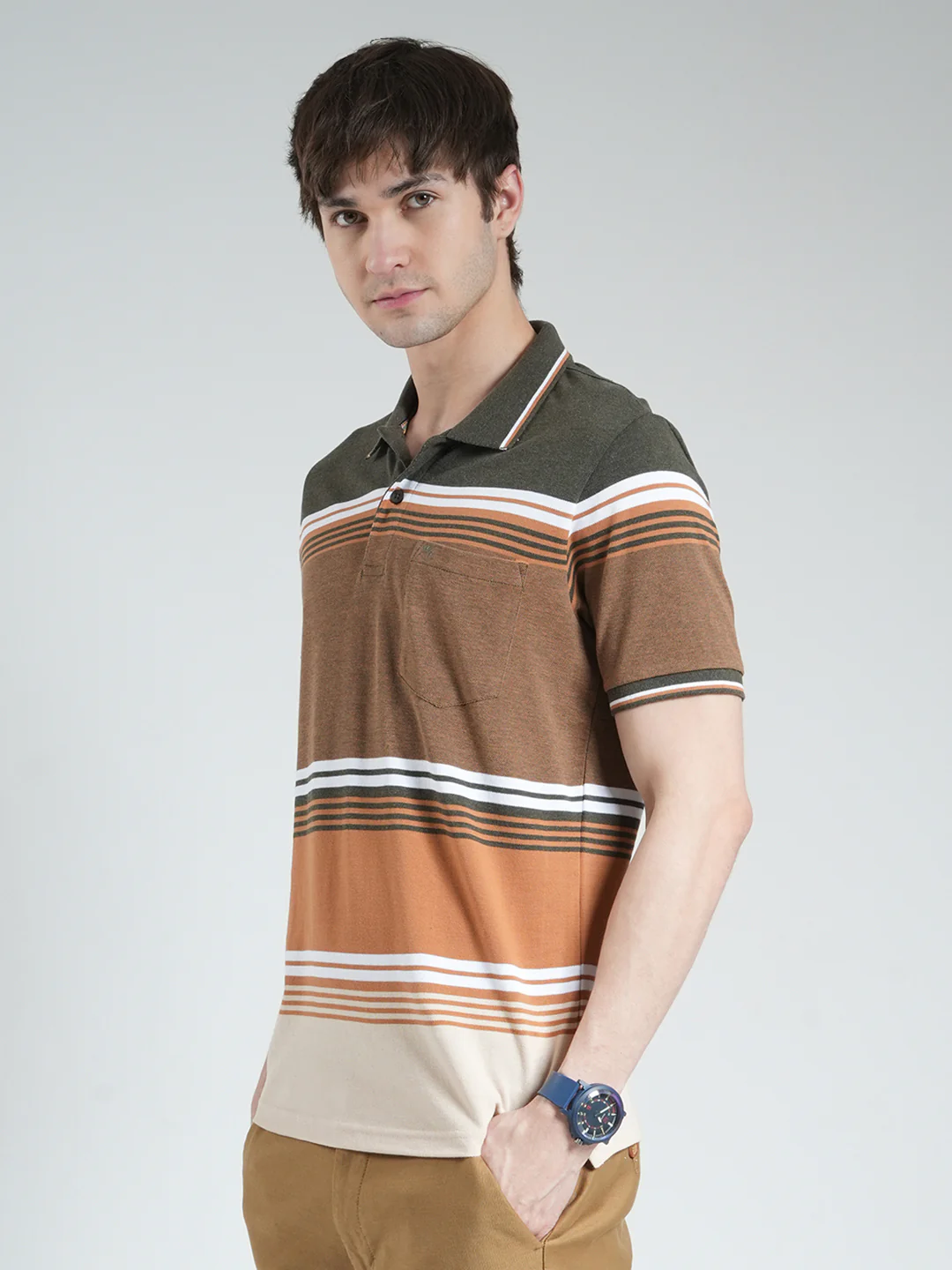 Men Olive Stripe Collar Half Sleeve T-Shirt - Image 3