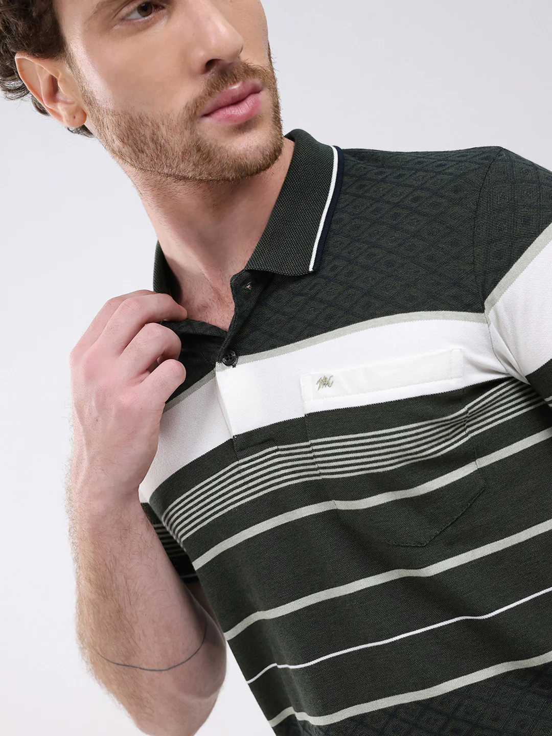 Men Olive Stripe Collar Half Sleeve T-Shirt - Image 7