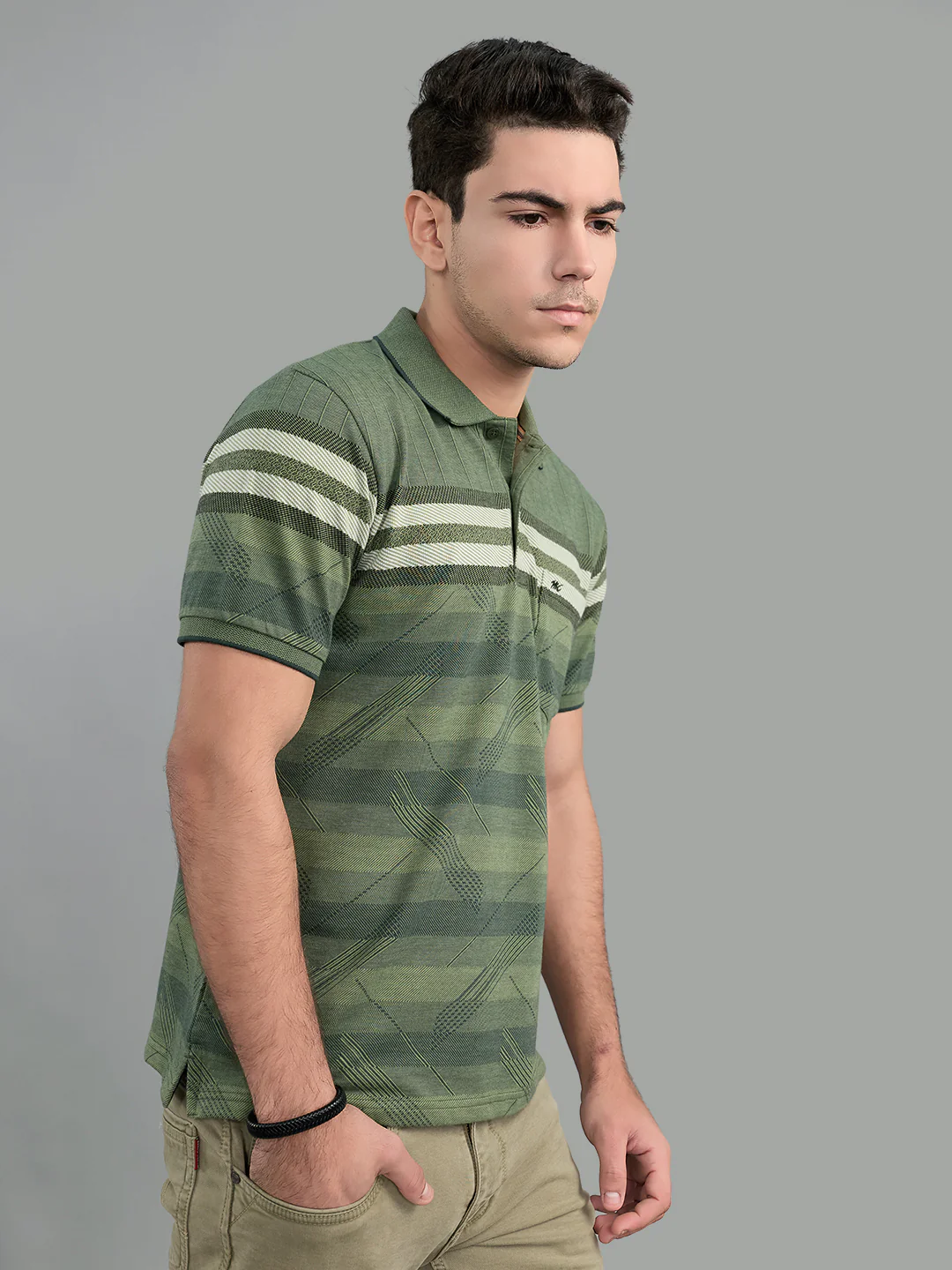 Men Olive Stripe Collar Half Sleeve T-Shirt - Image 2