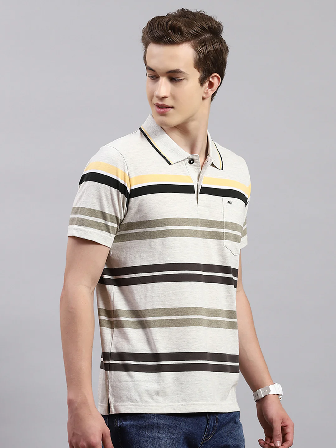 Men Olive Stripe Collar Half Sleeve T-Shirts - Image 4