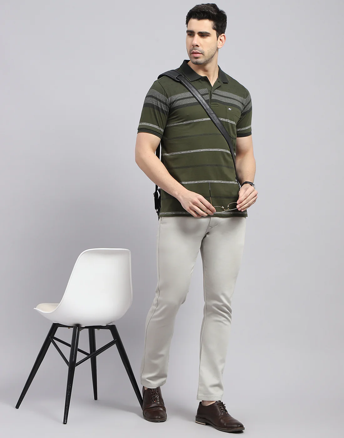 Men Olive Stripe Polo Collar Half Sleeve T-Shirt - Image 2