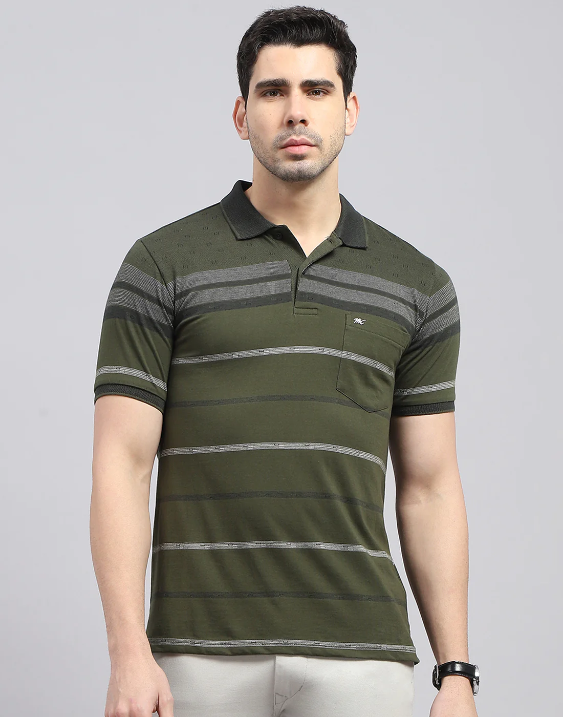 Men Olive Stripe Polo Collar Half Sleeve T-Shirt - Image 3