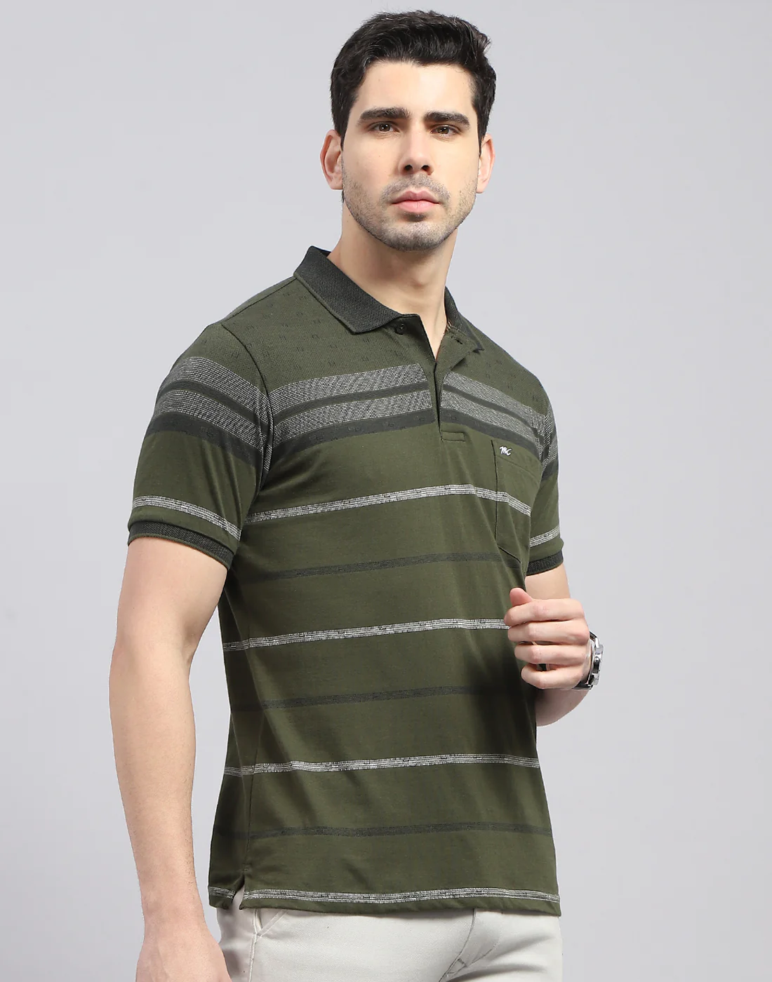 Men Olive Stripe Polo Collar Half Sleeve T-Shirt - Image 5