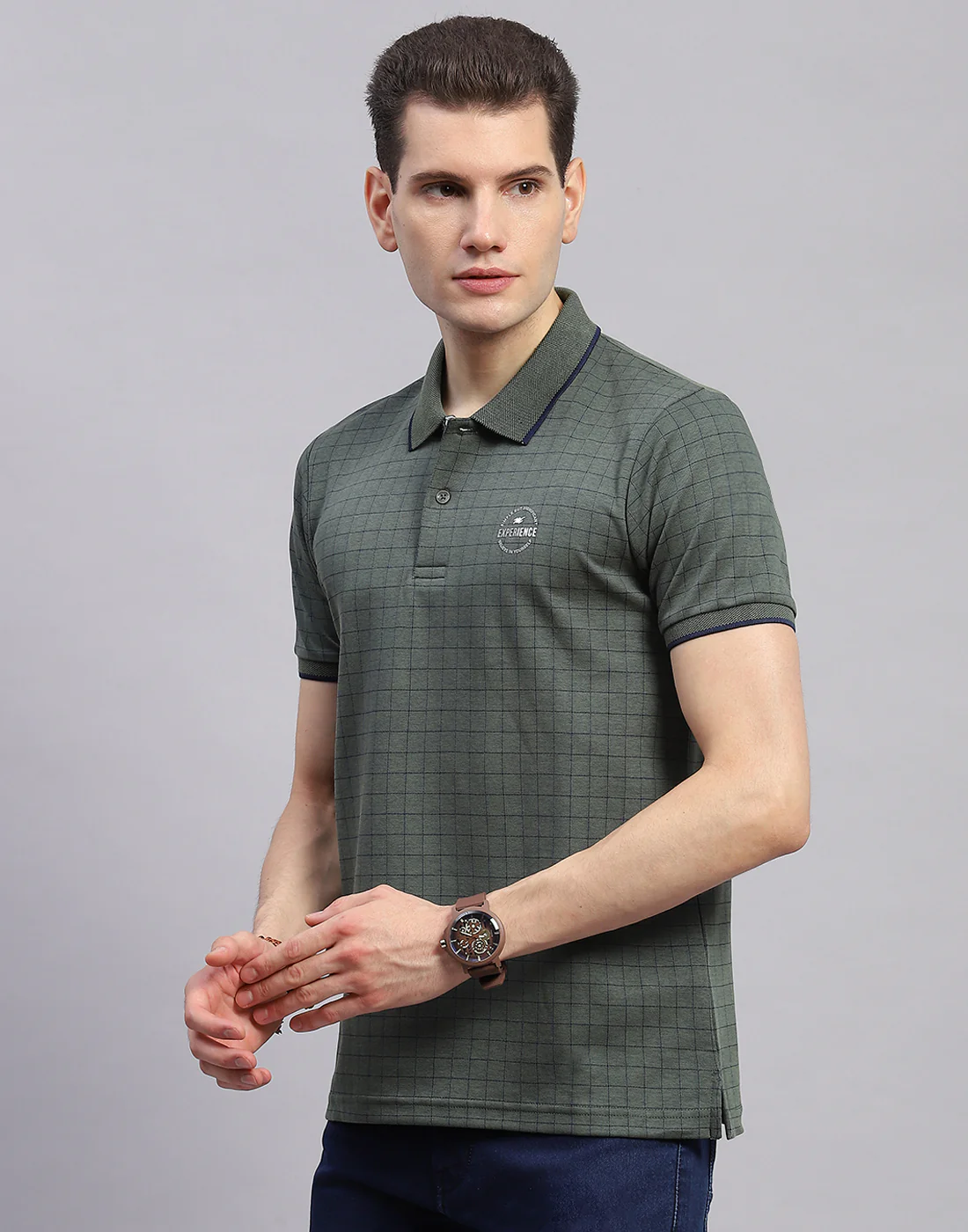 Men Olive Stripe Polo Collar Half Sleeve T-Shirt - Image 3
