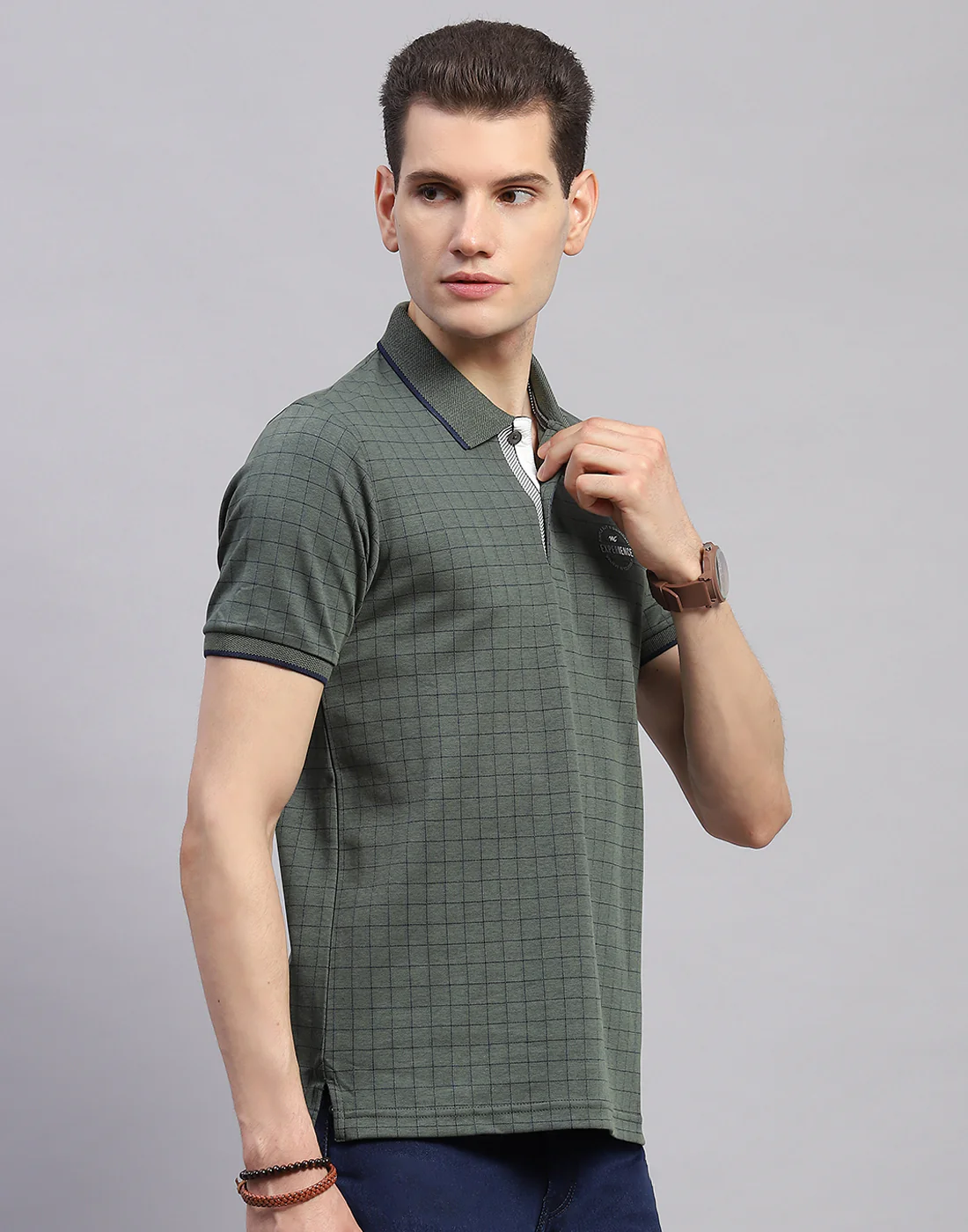 Men Olive Stripe Polo Collar Half Sleeve T-Shirt - Image 4