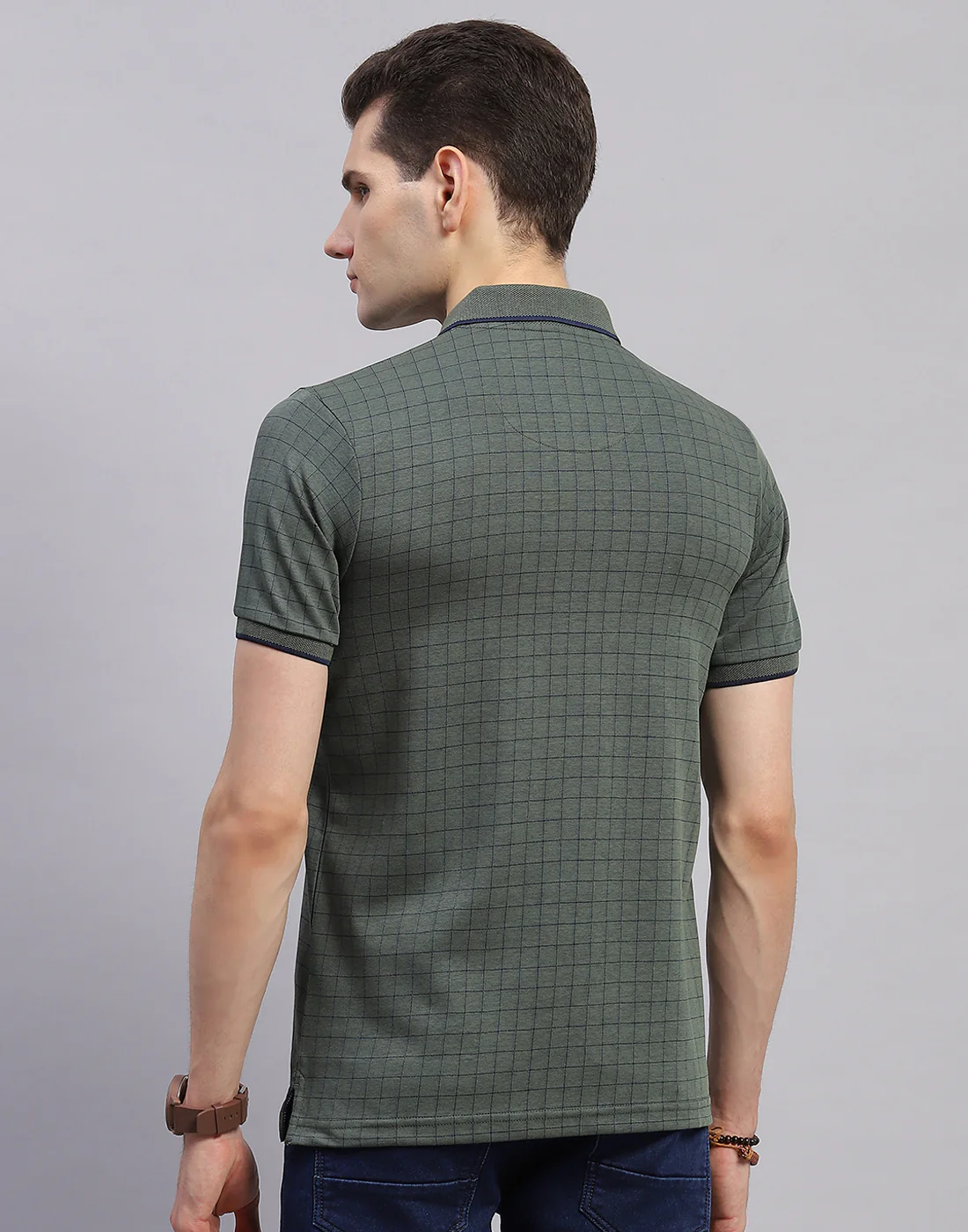 Men Olive Stripe Polo Collar Half Sleeve T-Shirt - Image 5