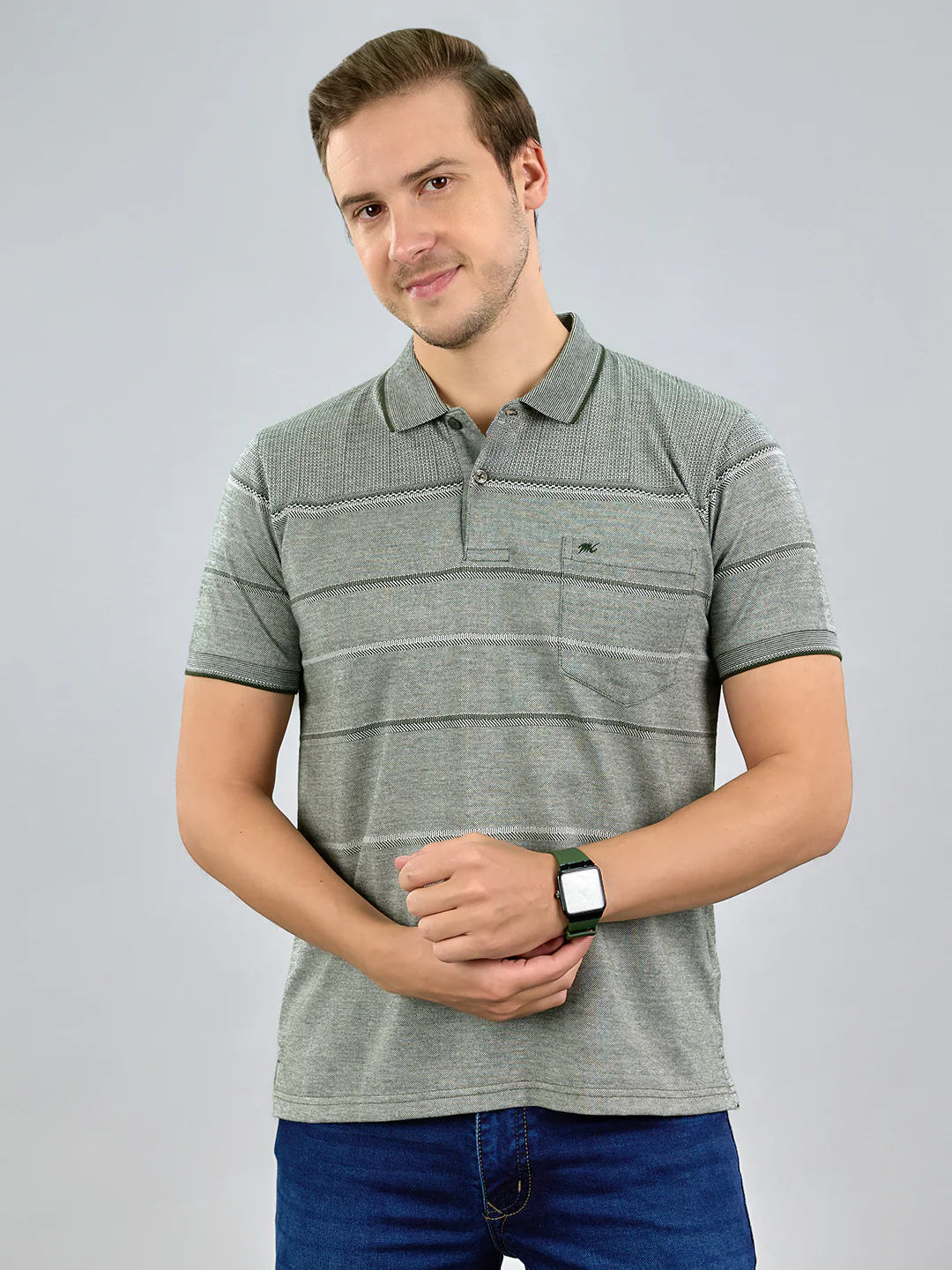 Men Olive Stripe Polo Collar Half Sleeve T-Shirt
