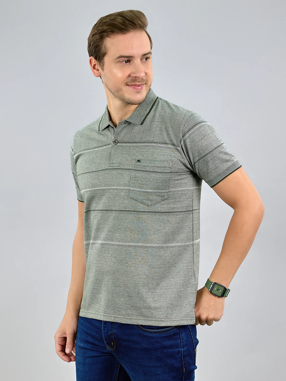 Men Olive Stripe Polo Collar Half Sleeve T-Shirt - Image 2