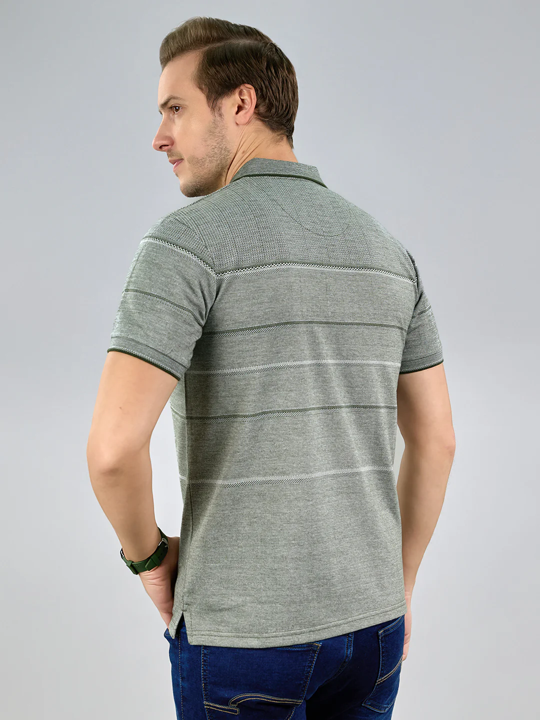 Men Olive Stripe Polo Collar Half Sleeve T-Shirt - Image 4