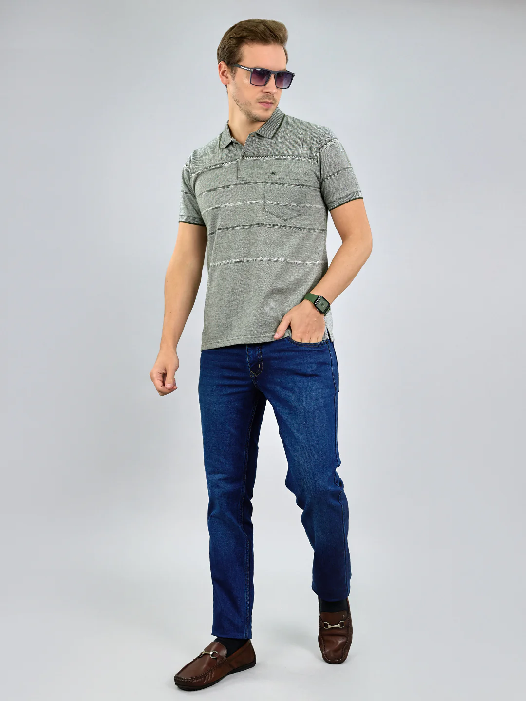 Men Olive Stripe Polo Collar Half Sleeve T-Shirt - Image 6