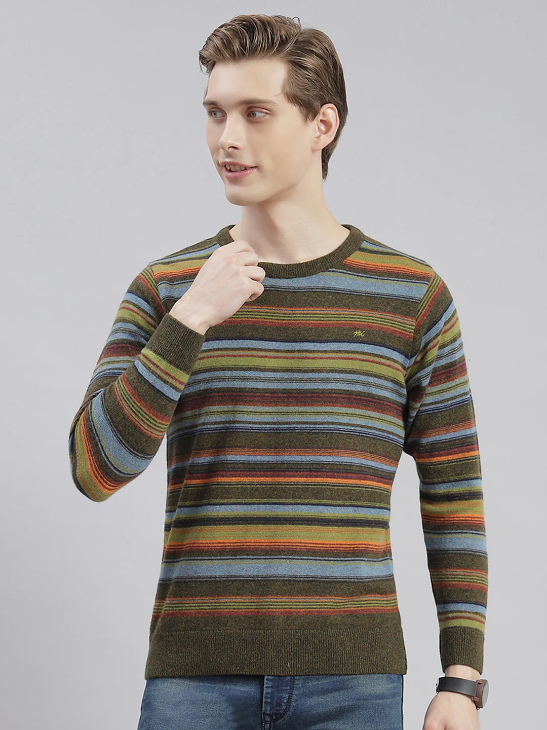 Men Olive Stripe Round Neck Full Sleeve Sweaters/Pullovers - Image 3