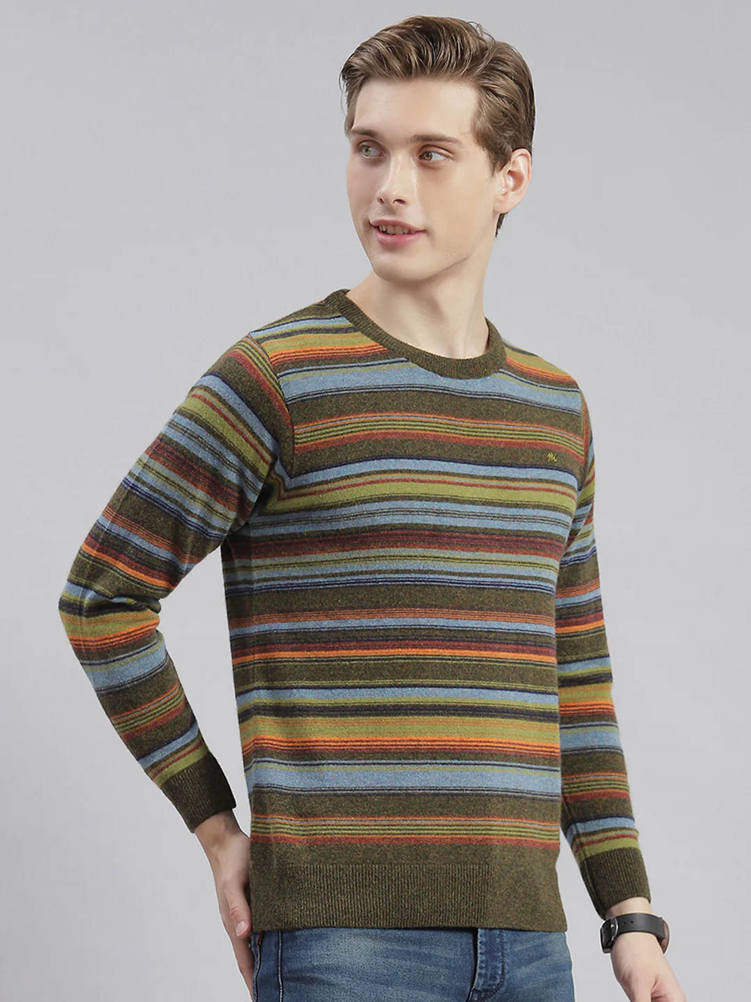 Men Olive Stripe Round Neck Full Sleeve Sweaters/Pullovers - Image 5