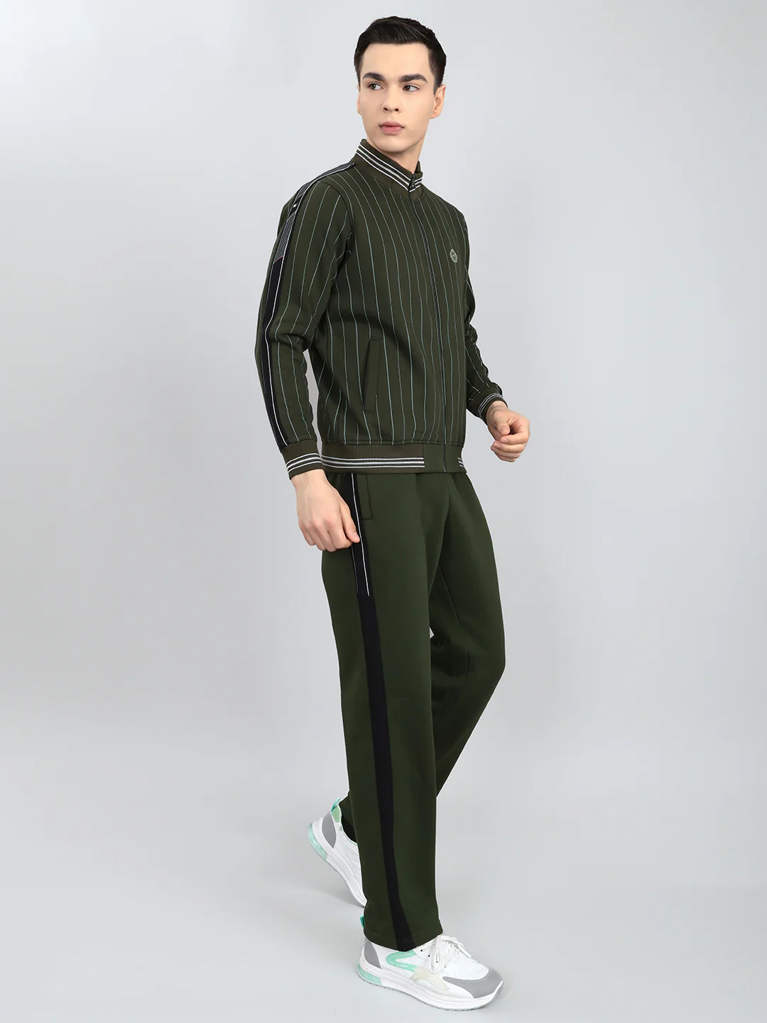 Men Olive Stripe Round Neck Full Sleeve Winter Tracksuit - Image 3