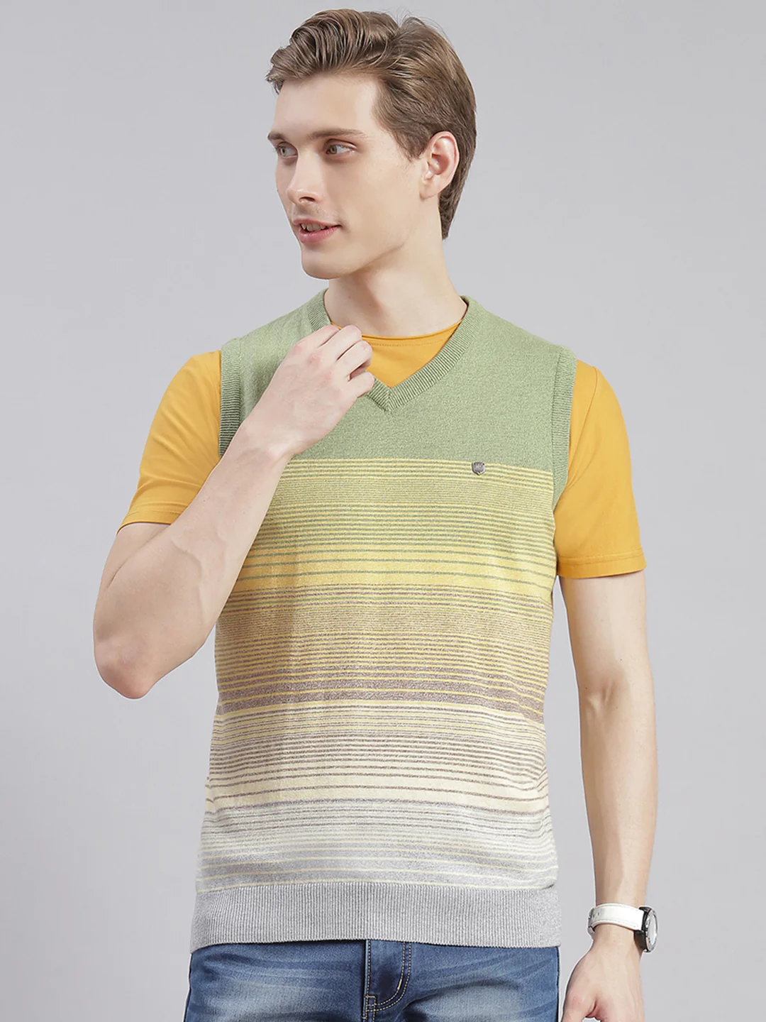 Men Olive Stripe V Neck Sleeveless Sweaters/Pullovers - Image 2