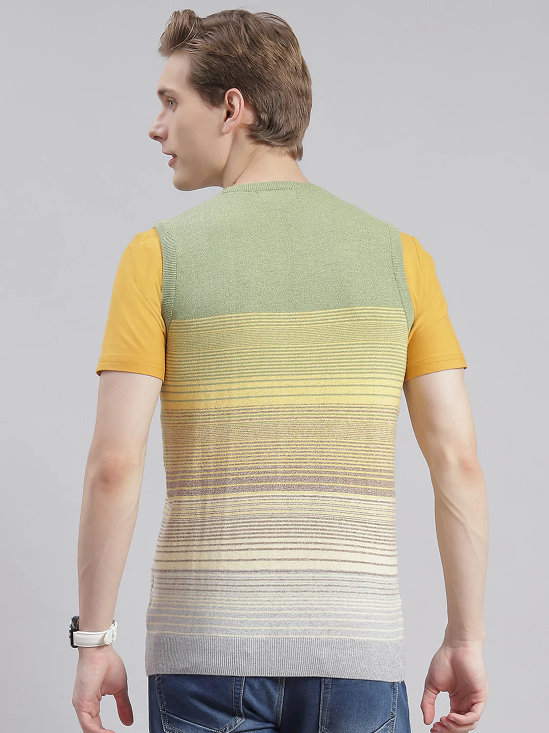 Men Olive Stripe V Neck Sleeveless Sweaters/Pullovers - Image 5