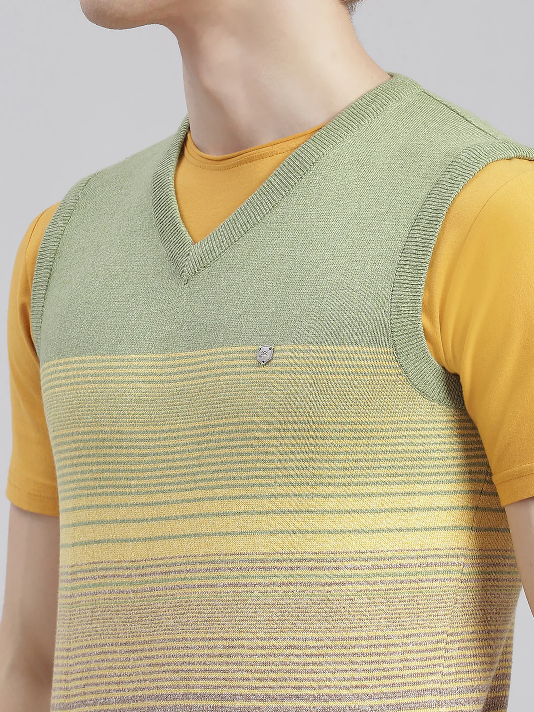 Men Olive Stripe V Neck Sleeveless Sweaters/Pullovers - Image 6