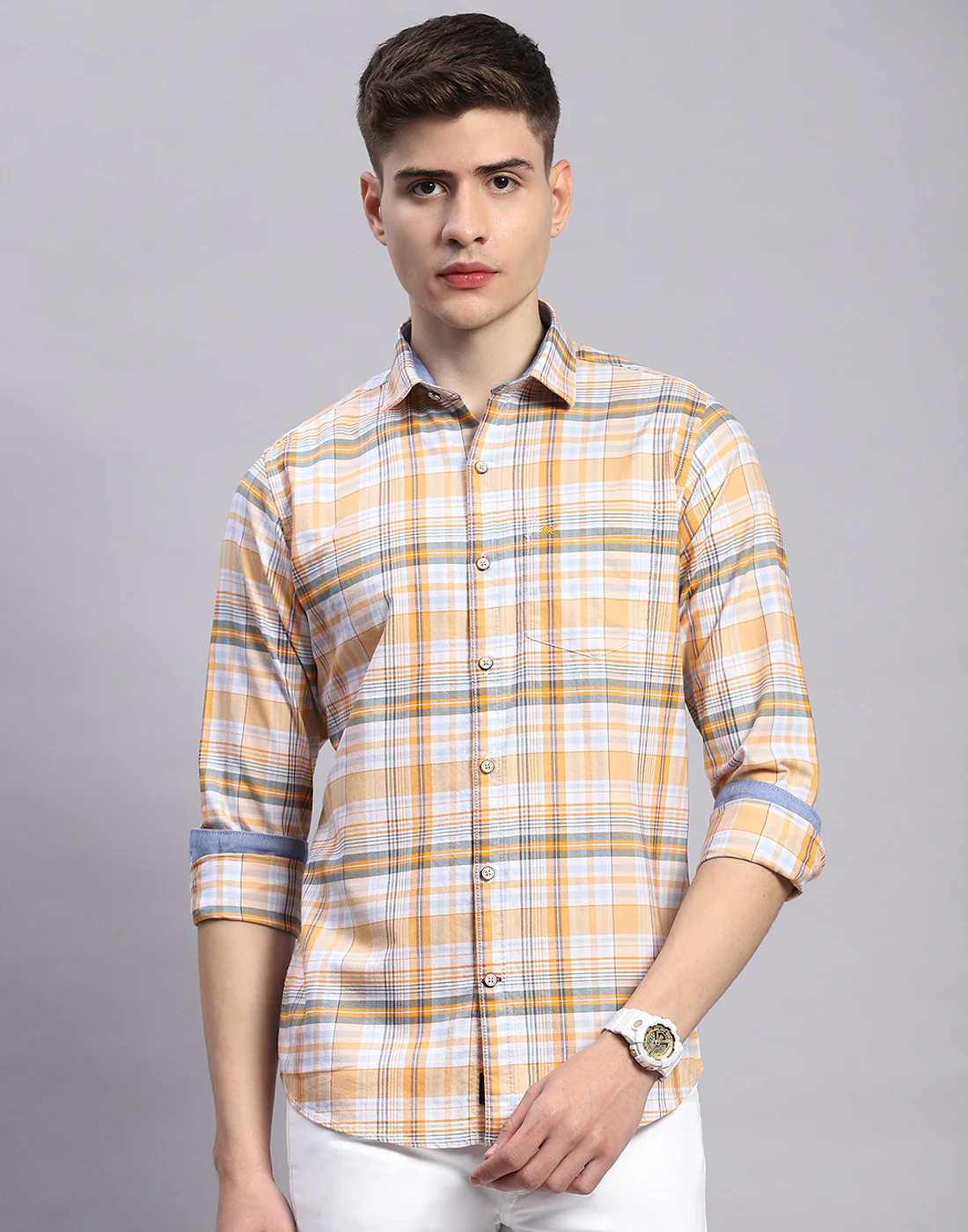 Men Orange Check Collar Full Sleeve Shirt - Image 3