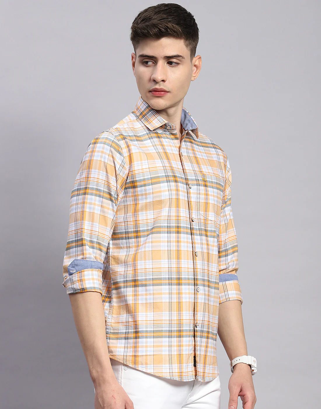 Men Orange Check Collar Full Sleeve Shirt - Image 4