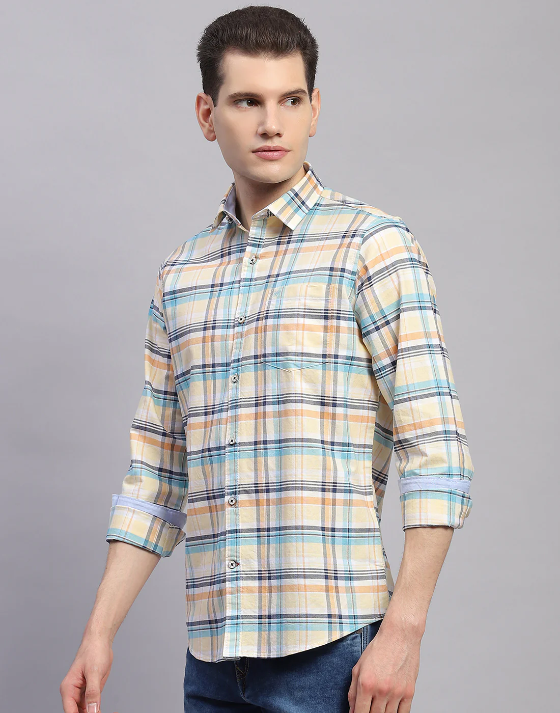 Men Orange Check Collar Full Sleeve Shirt - Image 3