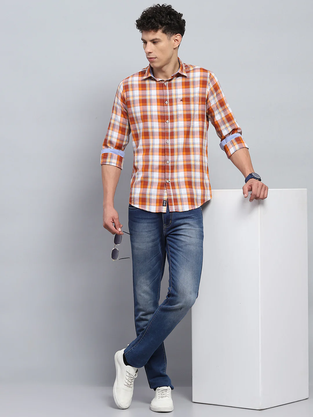 Men Orange Check Collar Full Sleeve Shirt - Image 2