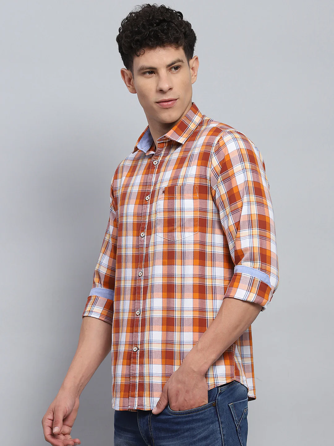 Men Orange Check Collar Full Sleeve Shirt - Image 3