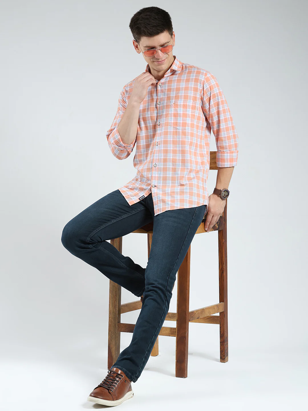 Men Orange Check Collar Full Sleeve Shirt - Image 2