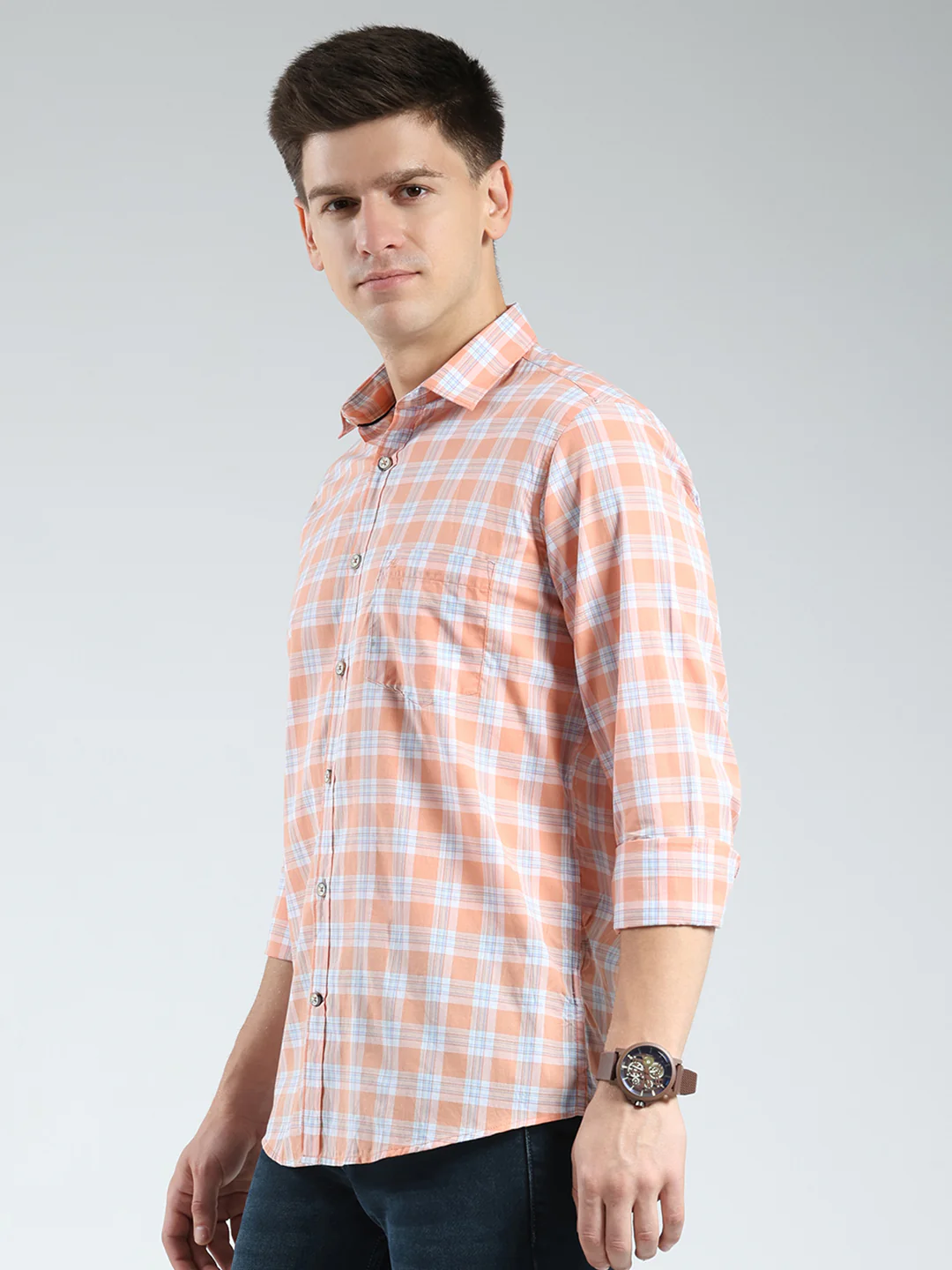 Men Orange Check Collar Full Sleeve Shirt - Image 3
