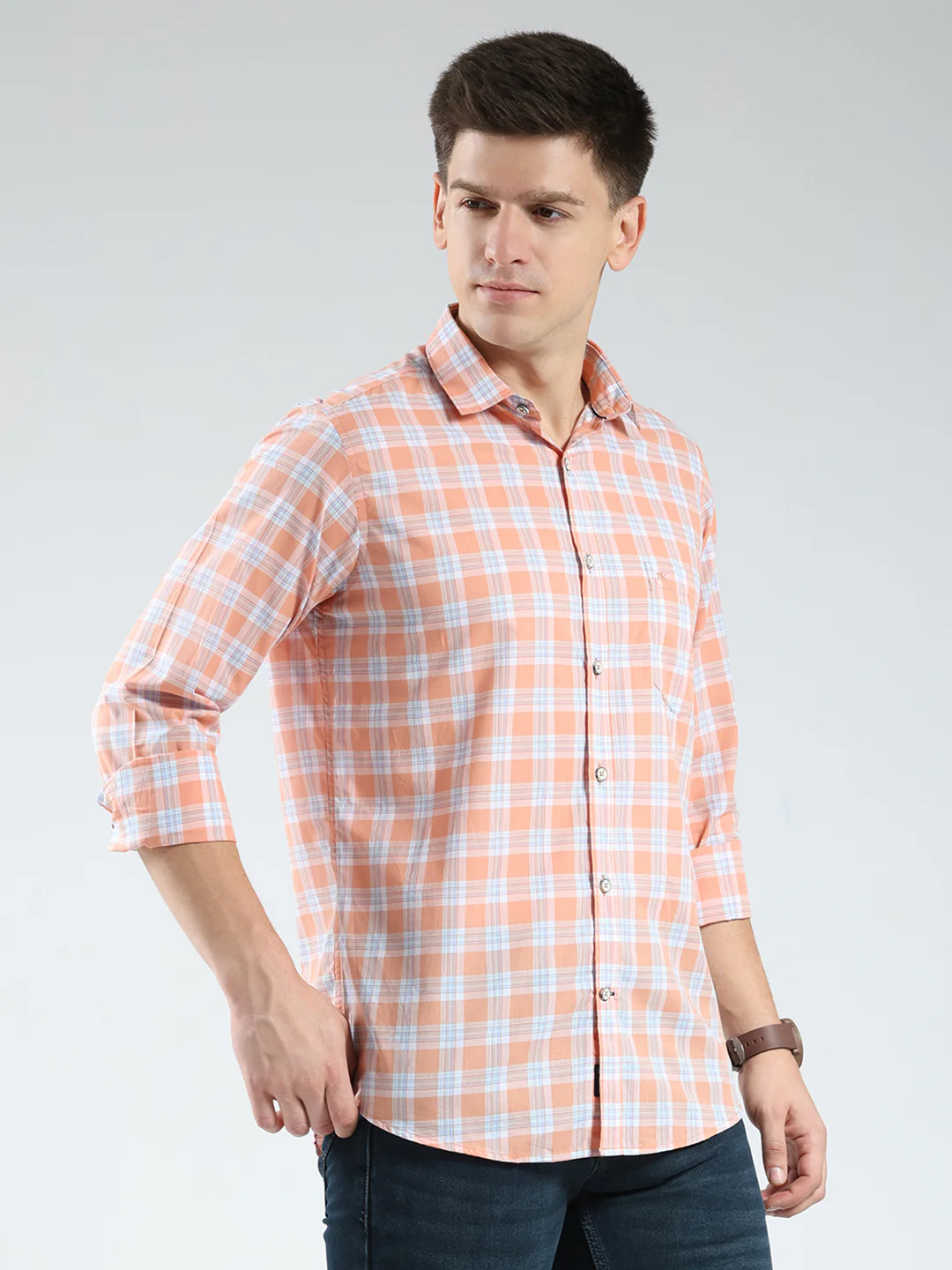 Men Orange Check Collar Full Sleeve Shirt - Image 4