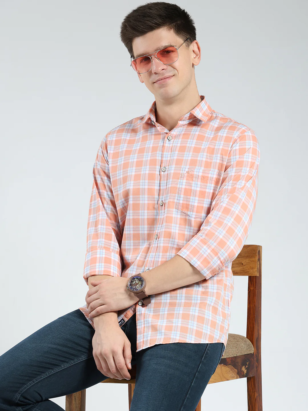 Men Orange Check Collar Full Sleeve Shirt - Image 6
