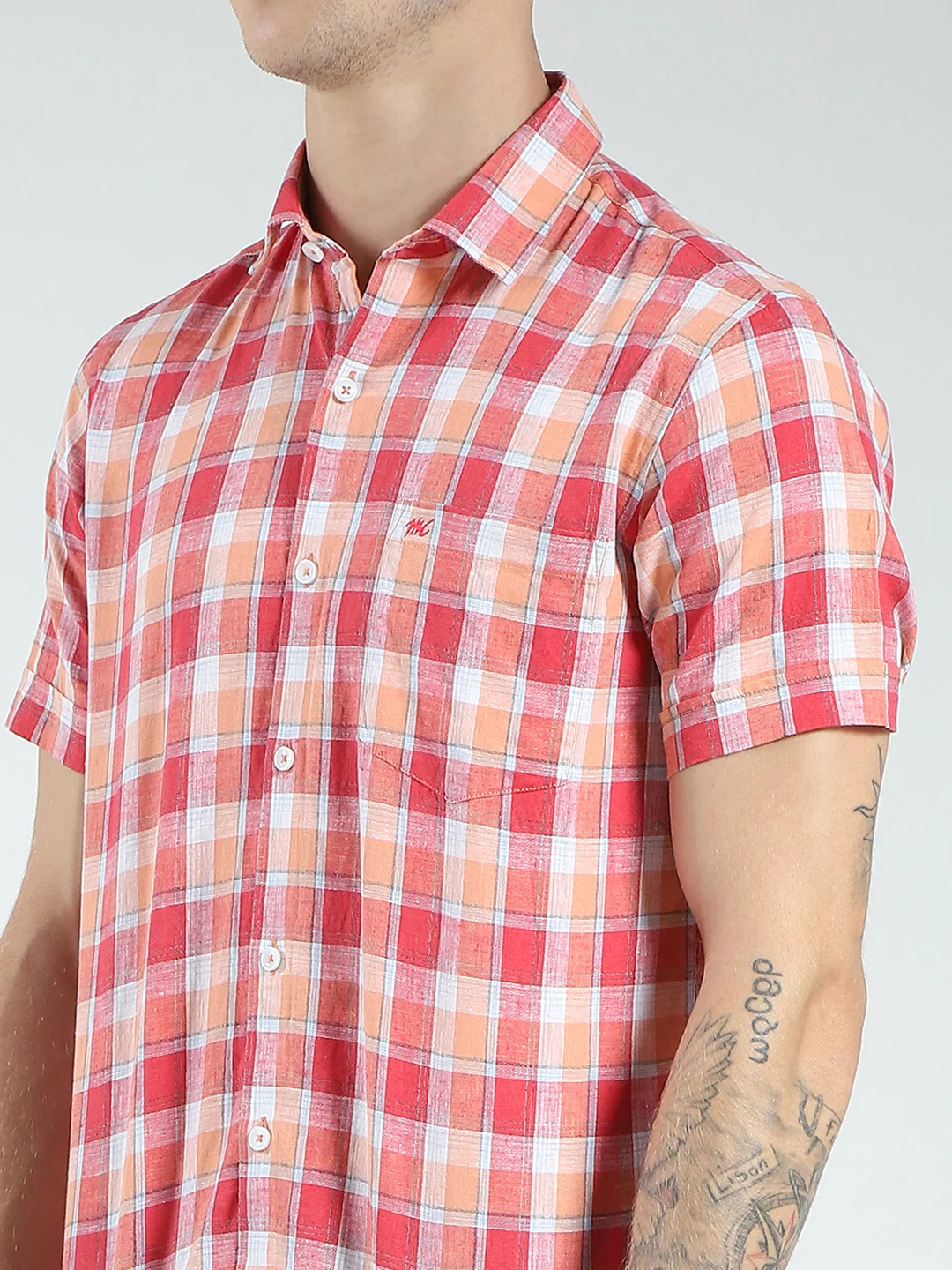Men Orange Check Collar Half Sleeve Linen Shirt - Image 6