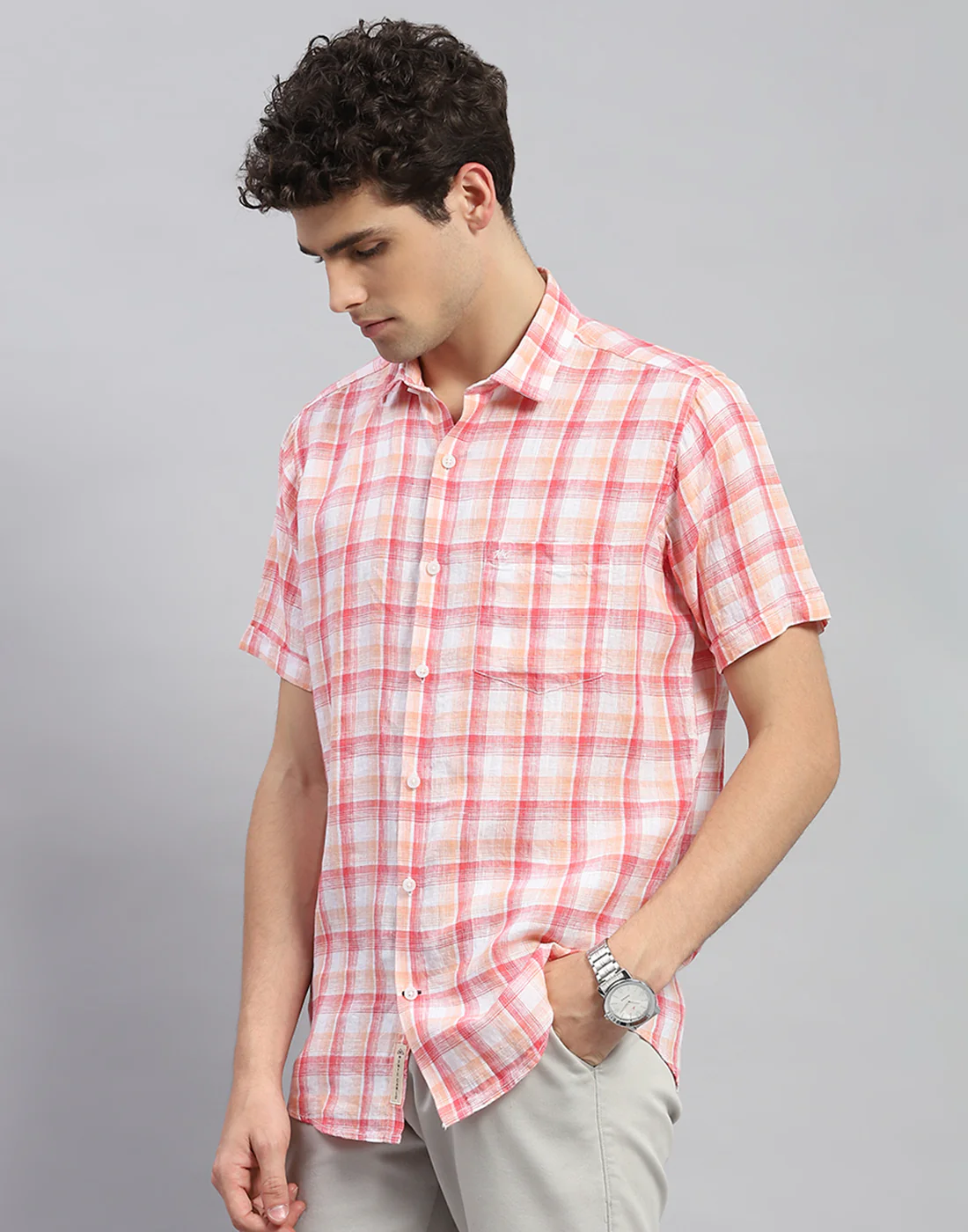 Men Orange Check Collar Neck Half Sleeve Linen Shirt - Image 3
