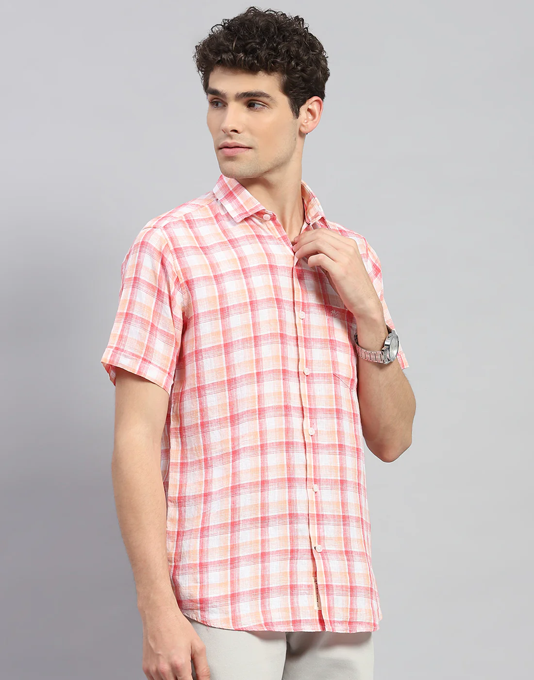 Men Orange Check Collar Neck Half Sleeve Linen Shirt - Image 4