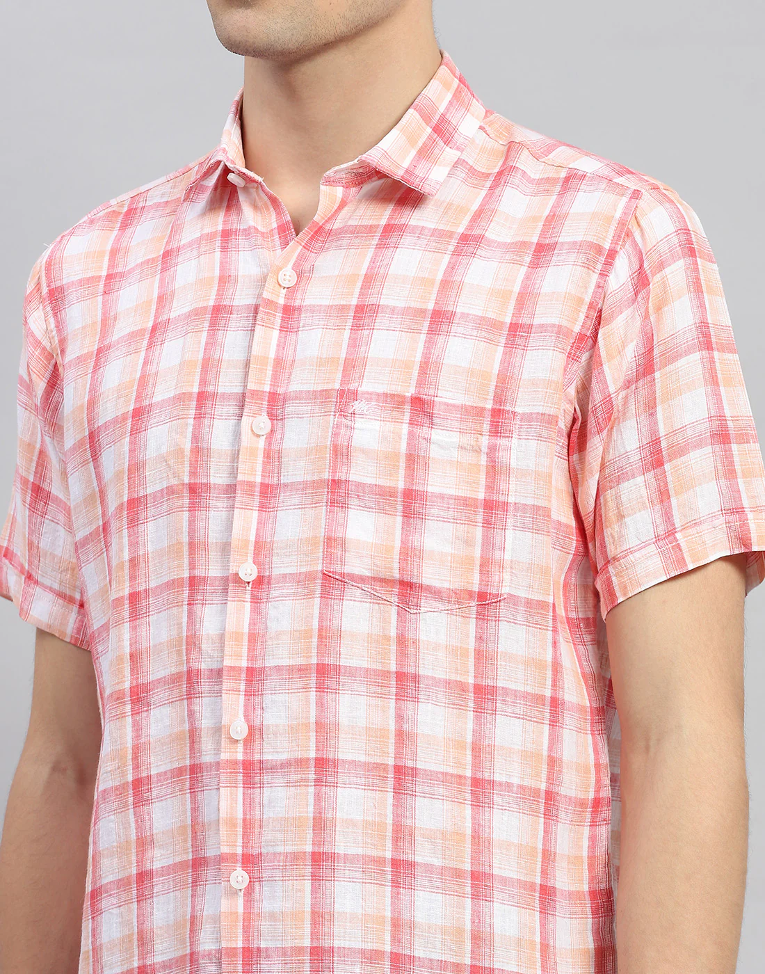 Men Orange Check Collar Neck Half Sleeve Linen Shirt - Image 6