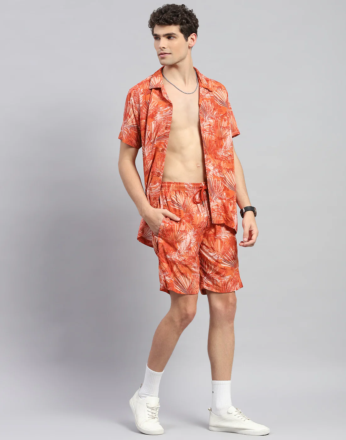Men Orange Floral Print Round Neck Half Sleeve Cords Set - Image 4