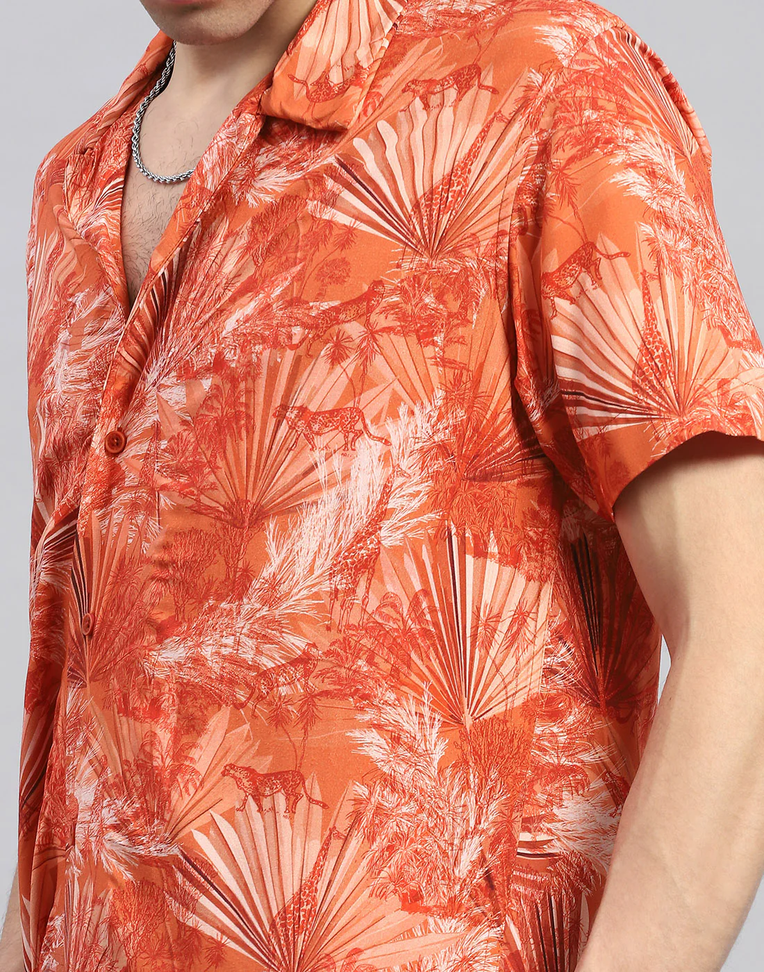 Men Orange Floral Print Round Neck Half Sleeve Cords Set - Image 6