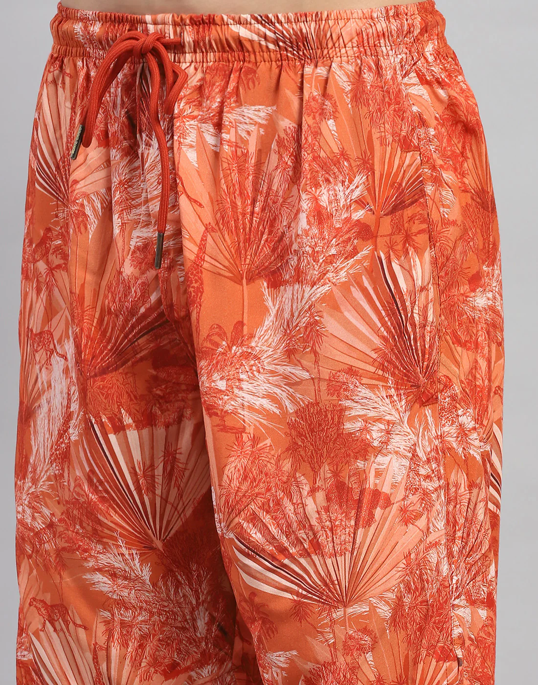 Men Orange Floral Print Round Neck Half Sleeve Cords Set - Image 8