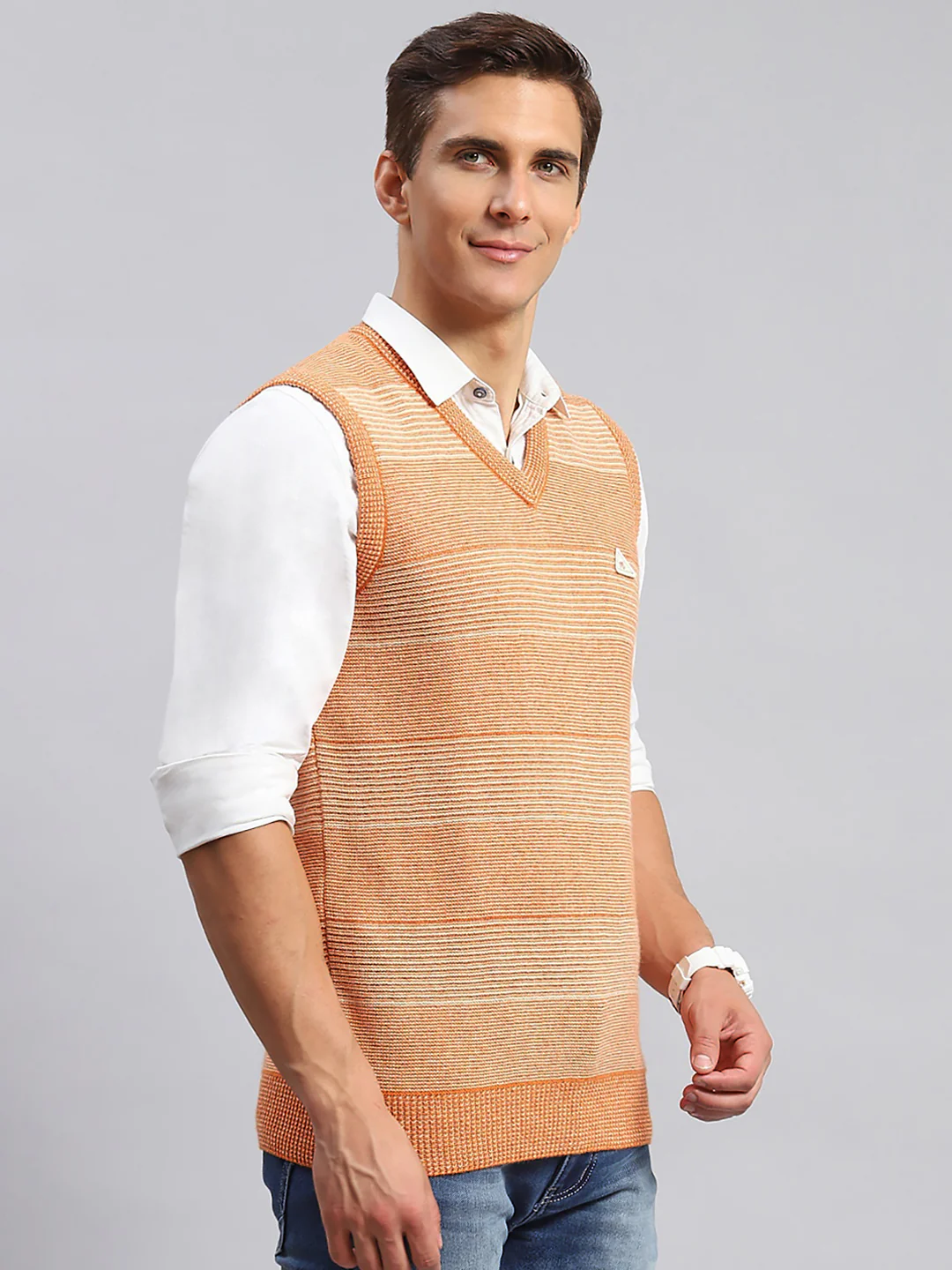Men Orange Jaquard Lamb wool Sweater - Image 3