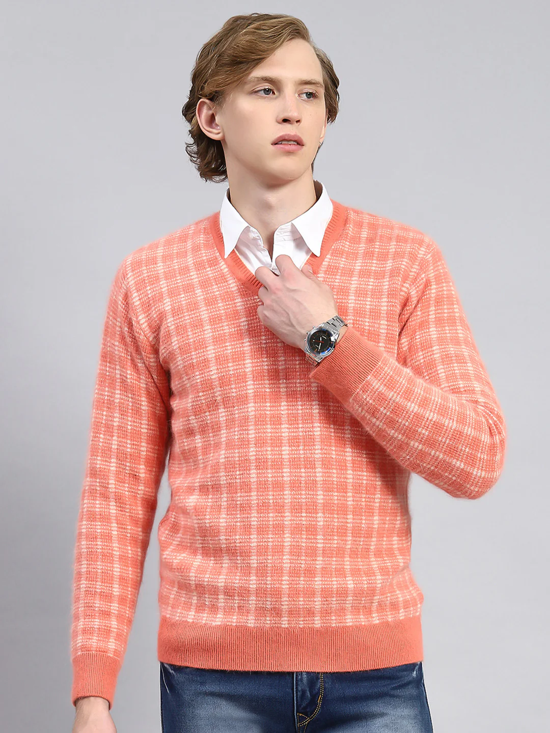 Men Orange Jaquard Pullover - Image 2