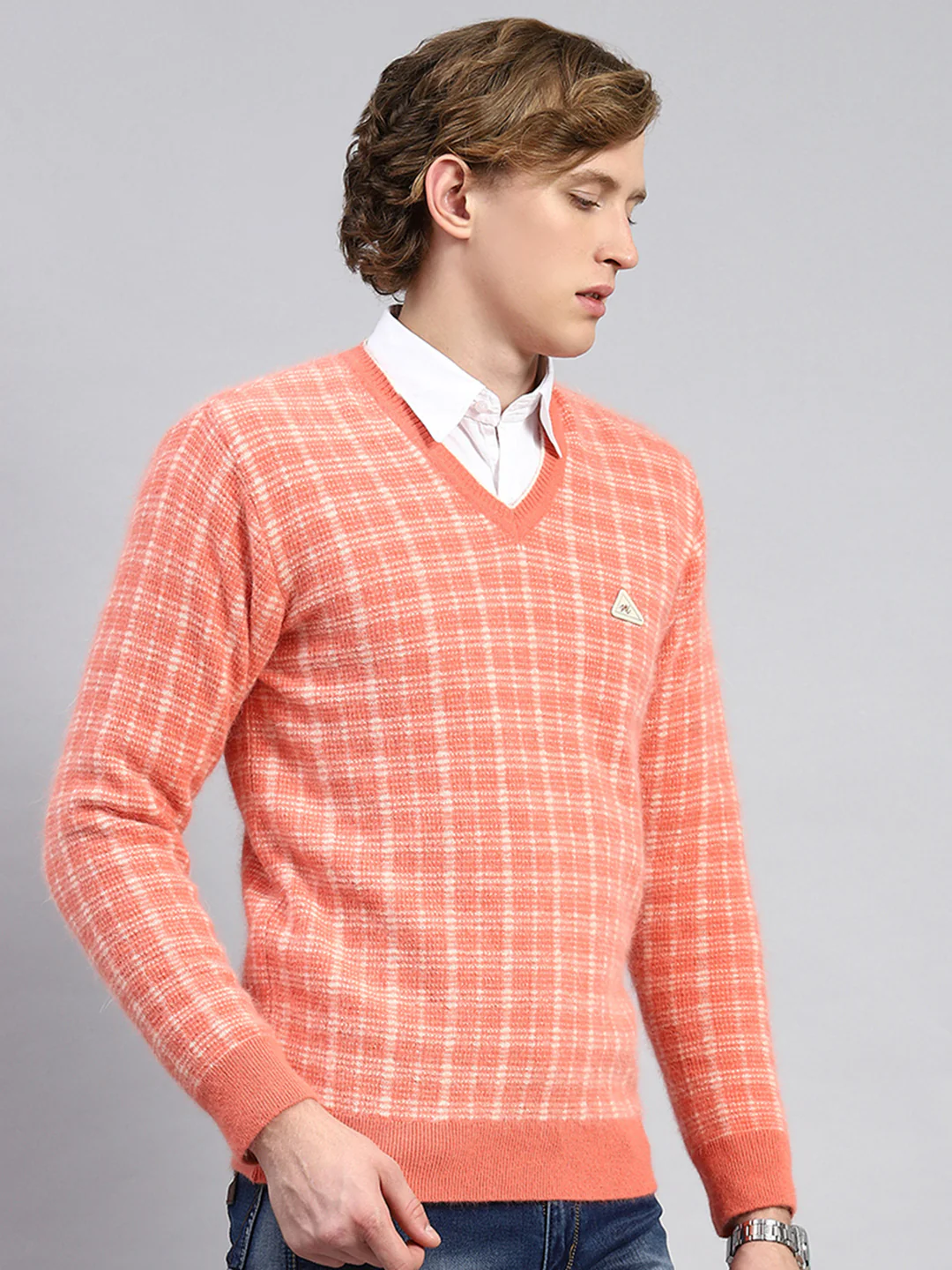 Men Orange Jaquard Pullover - Image 3