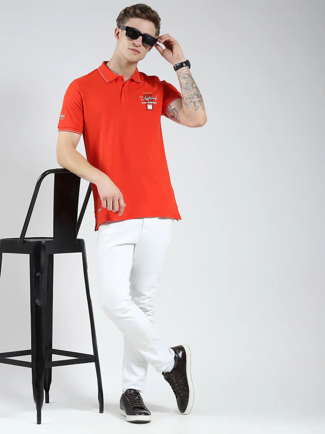 Men Orange Printed Collar Half Sleeve T-Shirt - Image 2