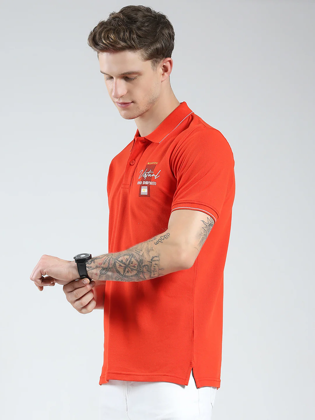 Men Orange Printed Collar Half Sleeve T-Shirt - Image 3