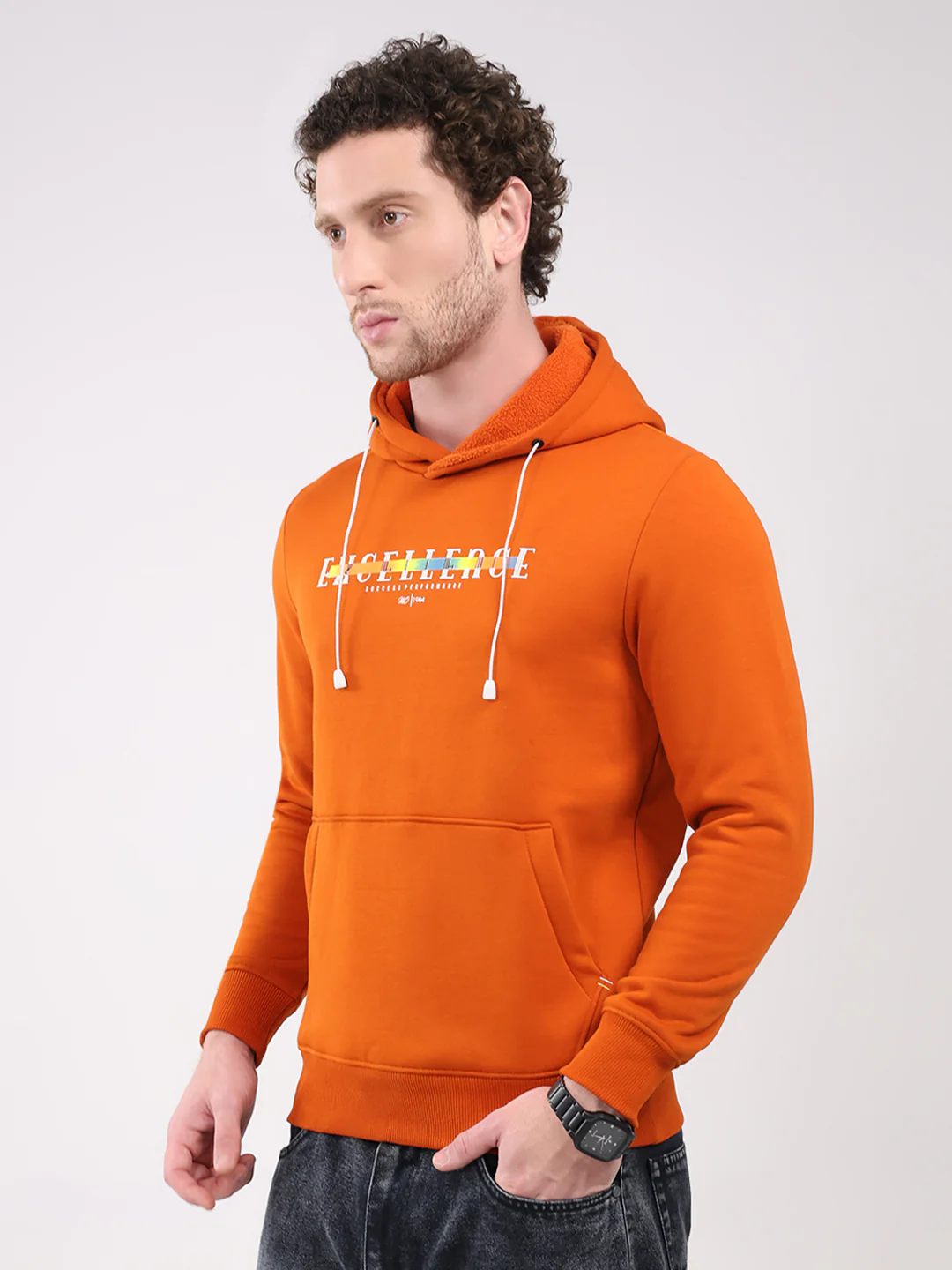 Men Orange Printed Hooded Full Sleeve Sweatshirt - Image 3