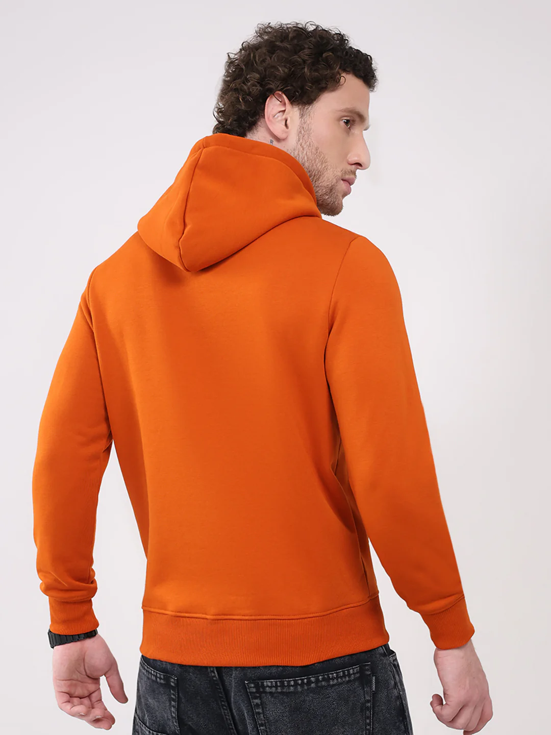 Men Orange Printed Hooded Full Sleeve Sweatshirt - Image 5