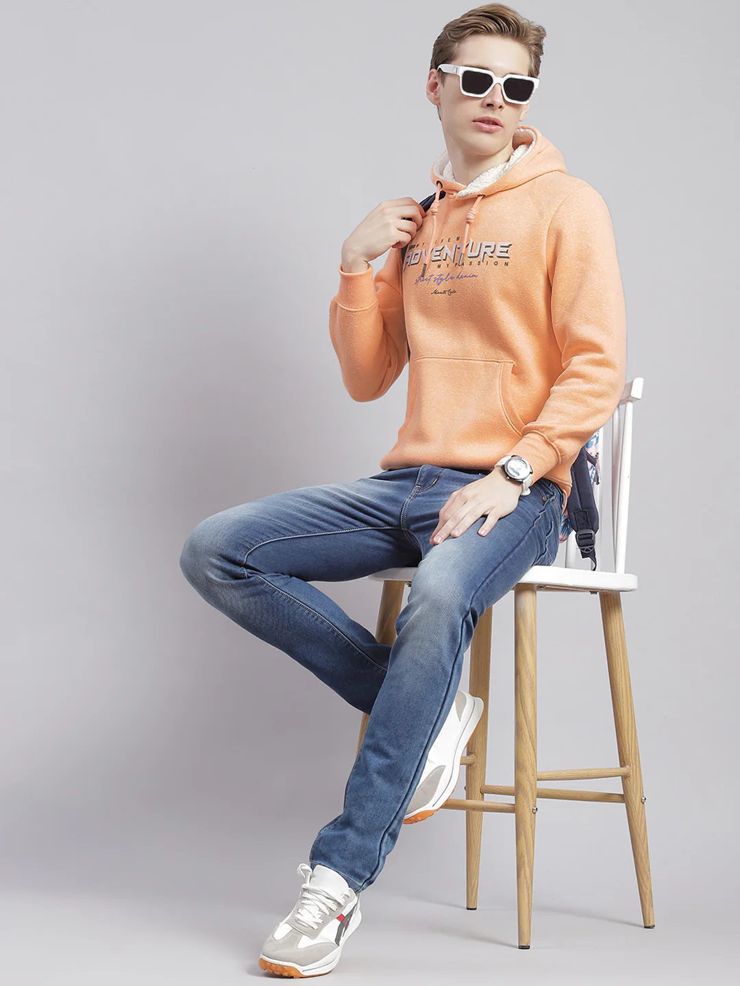 Men Orange Printed Hooded Full Sleeve Sweatshirts