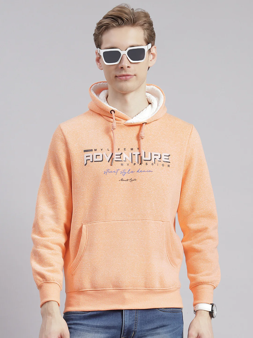 Men Orange Printed Hooded Full Sleeve Sweatshirts - Image 3