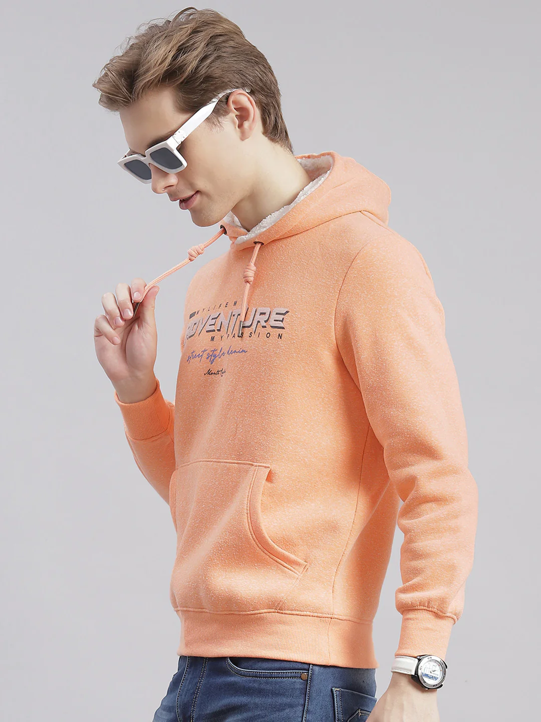 Men Orange Printed Hooded Full Sleeve Sweatshirts - Image 4