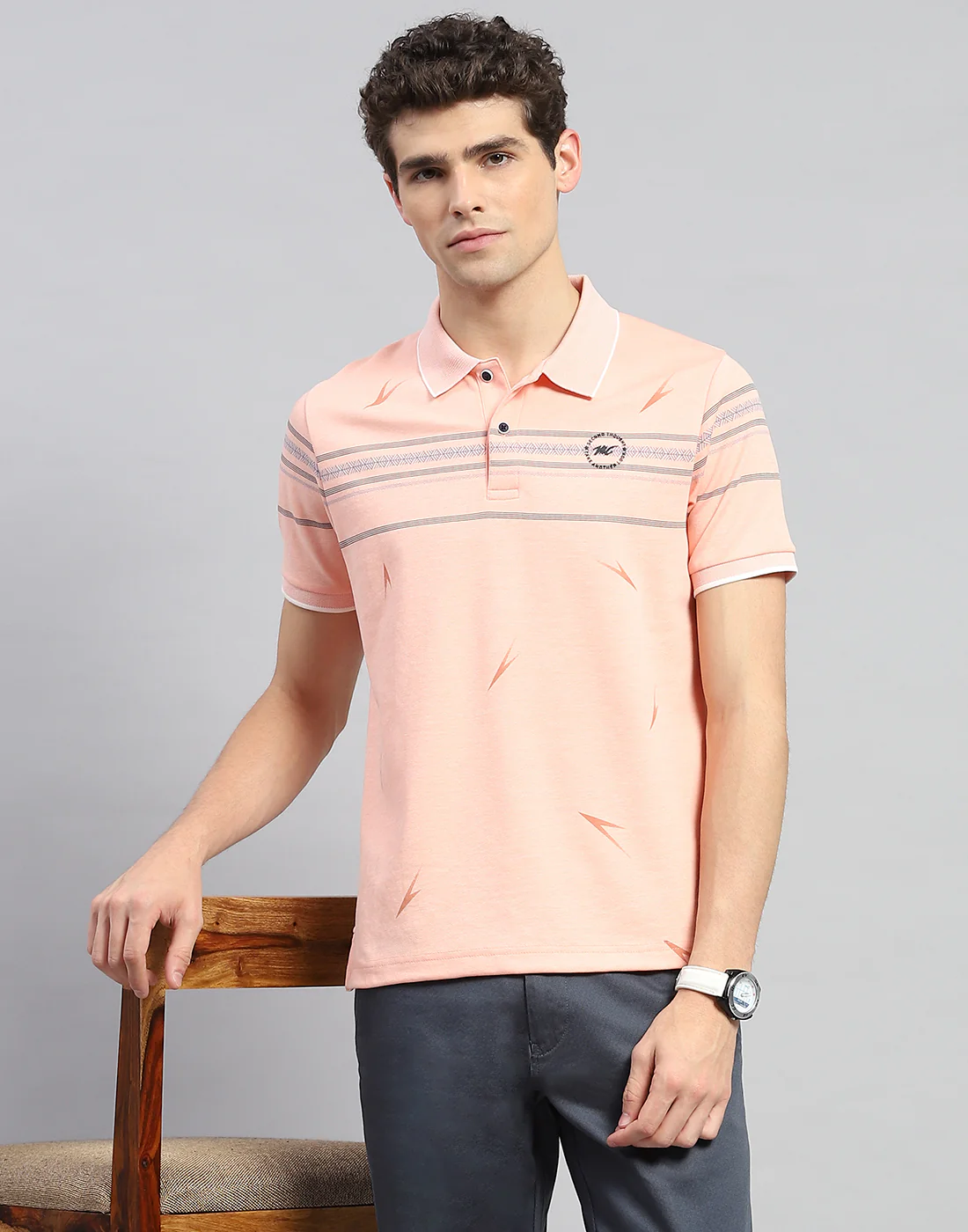 Men Orange Printed Polo Collar Half Sleeve T-Shirt - Image 6