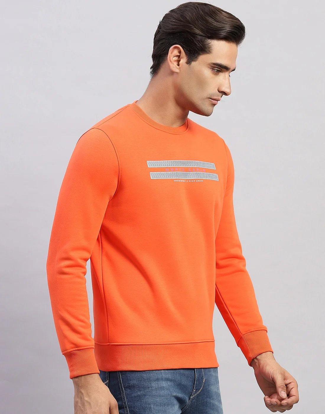 Men Orange Printed Round Neck Full Sleeve Sweatshirt - Image 4