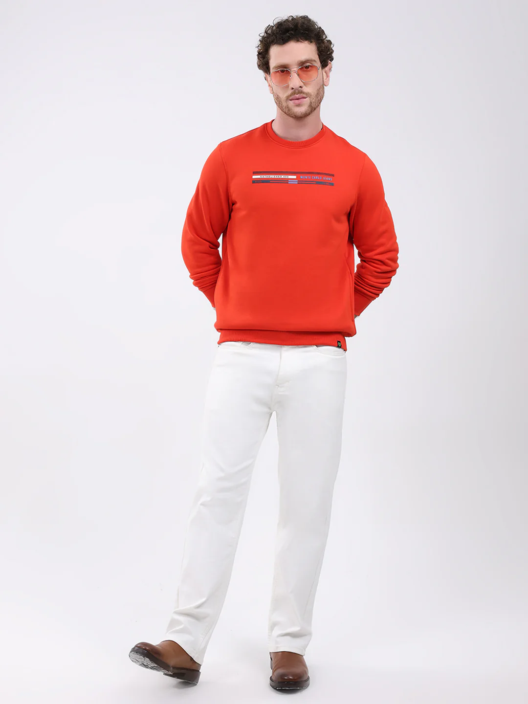 Men Orange Printed Round Neck Full Sleeve Sweatshirt - Image 2
